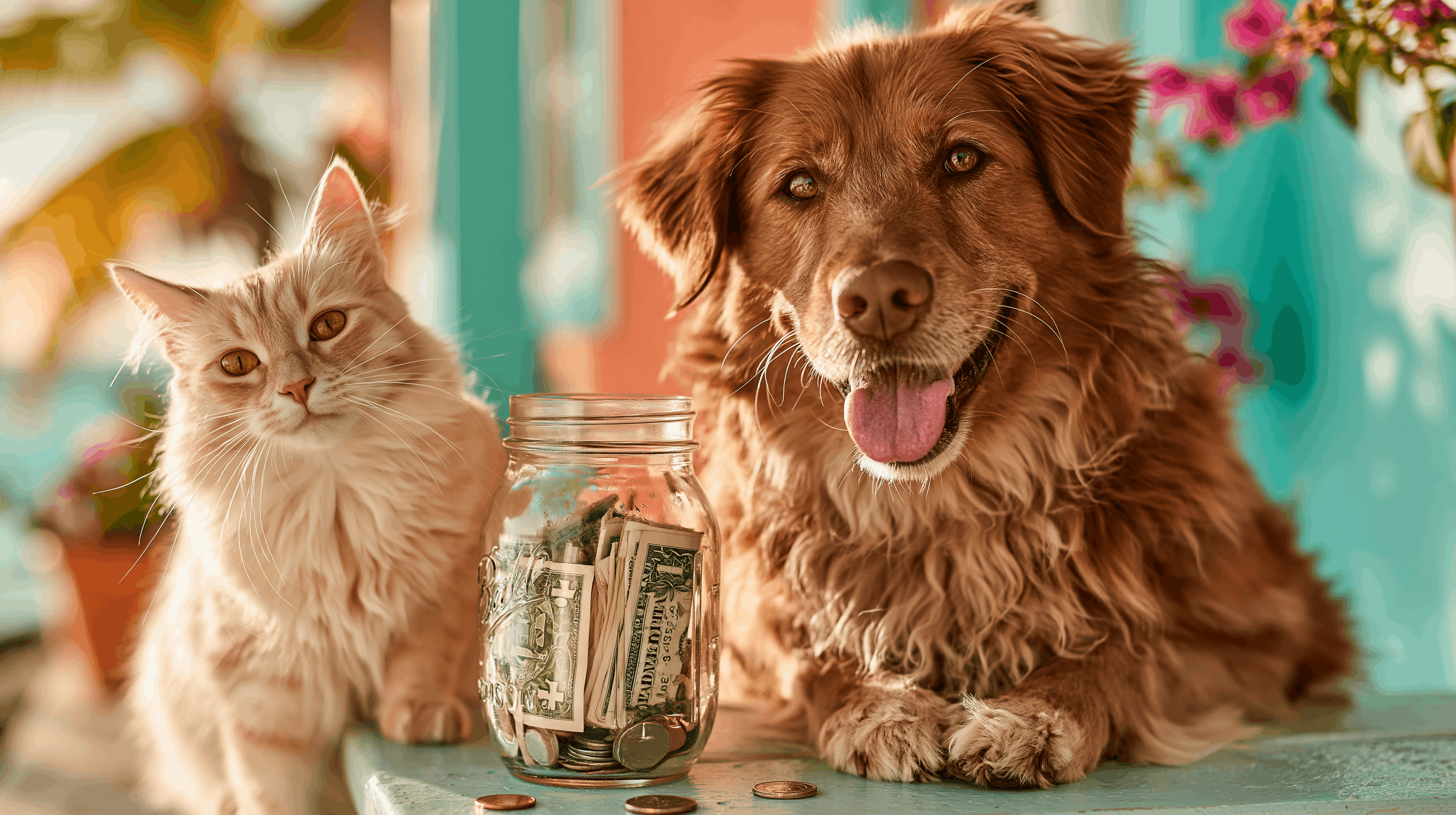 A rescue dog and cat beside a jar of donations on a sunny Caribbean veranda