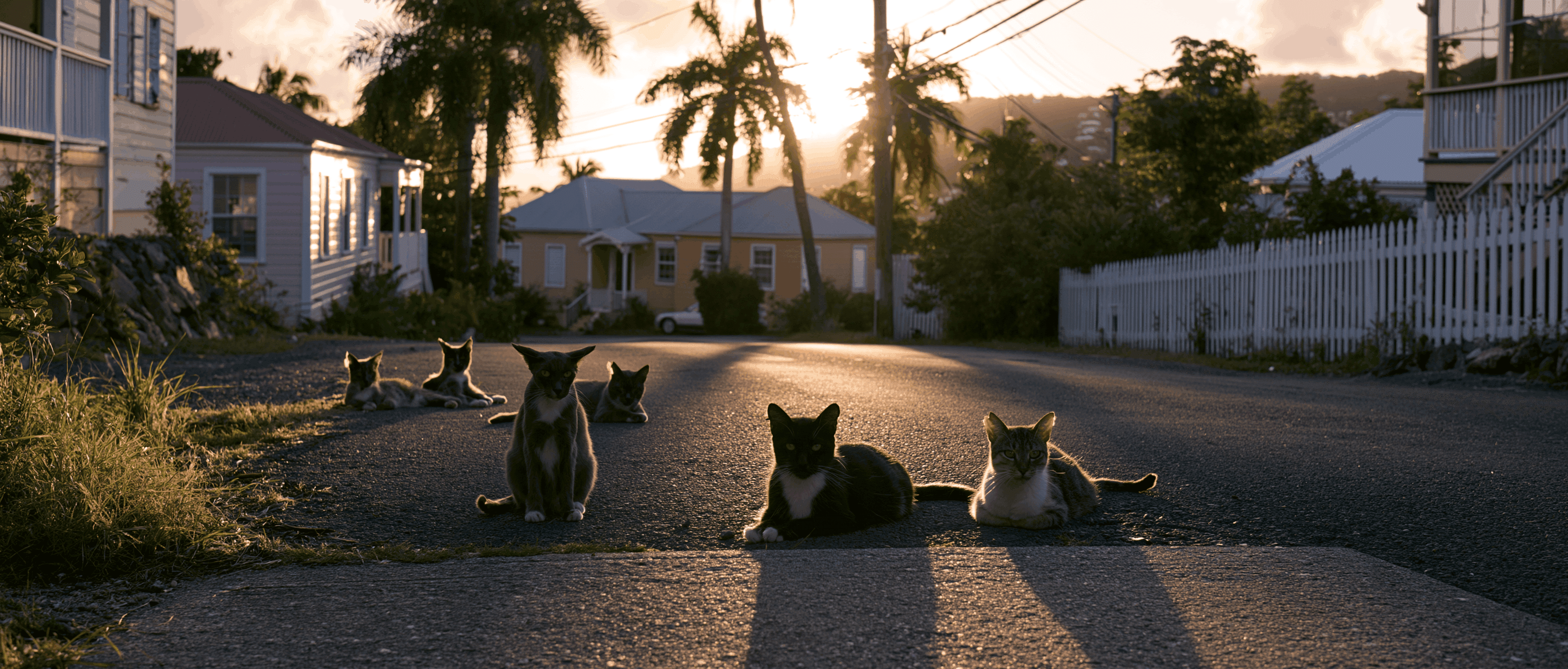 A community cat colony resting along a St. Thomas street at dusk