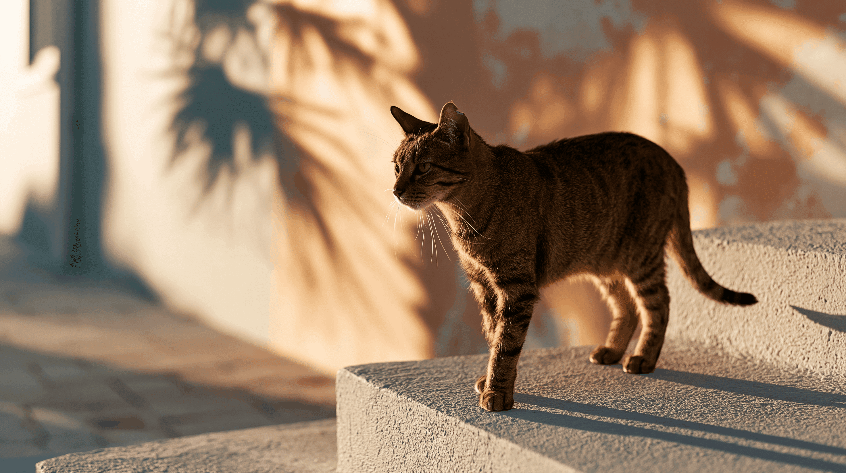 An ear-tipped community cat in a sunlit St. Thomas courtyard