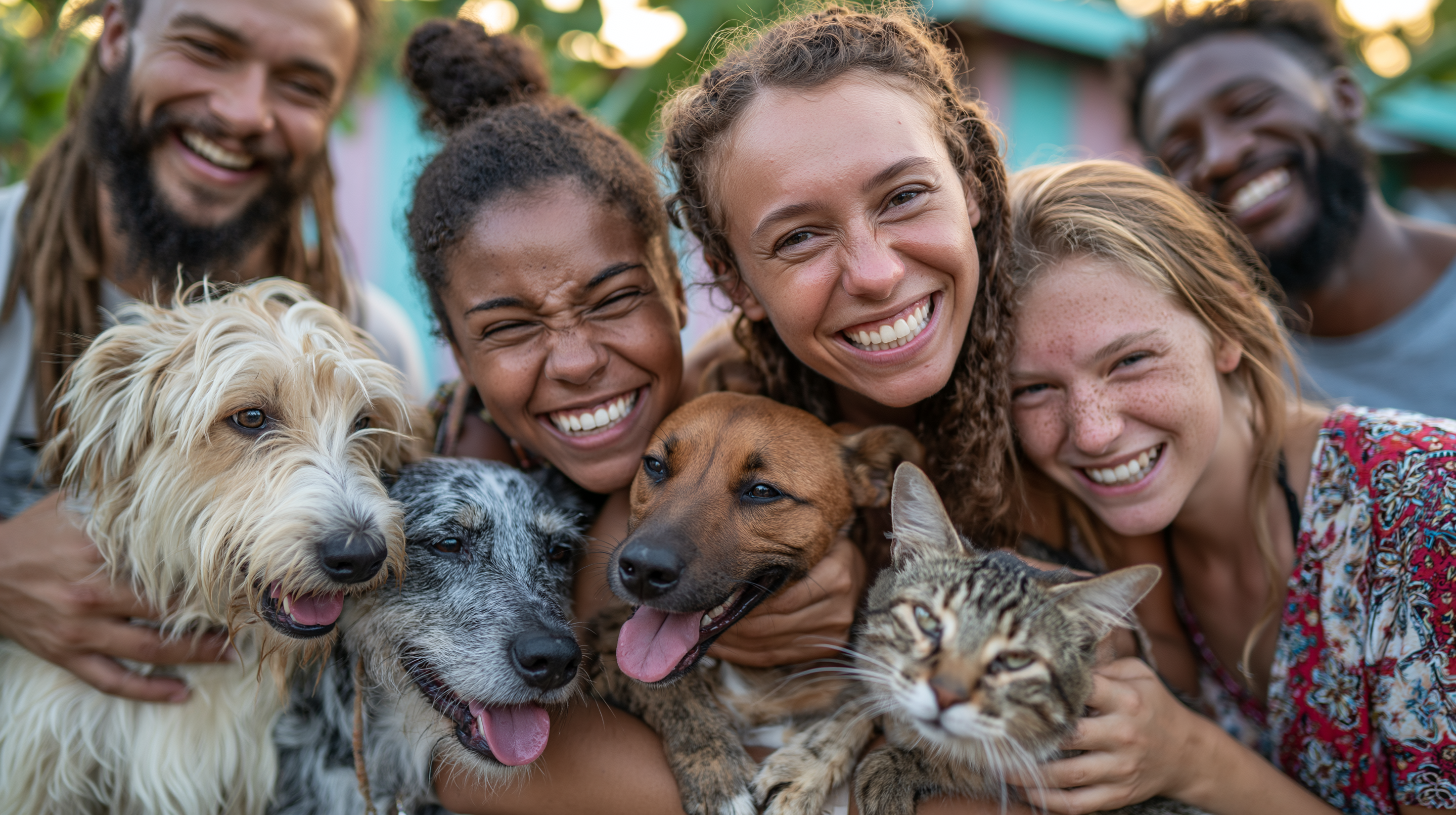 A joyful group of HSSTT members and volunteers holding rescued dogs and a cat
