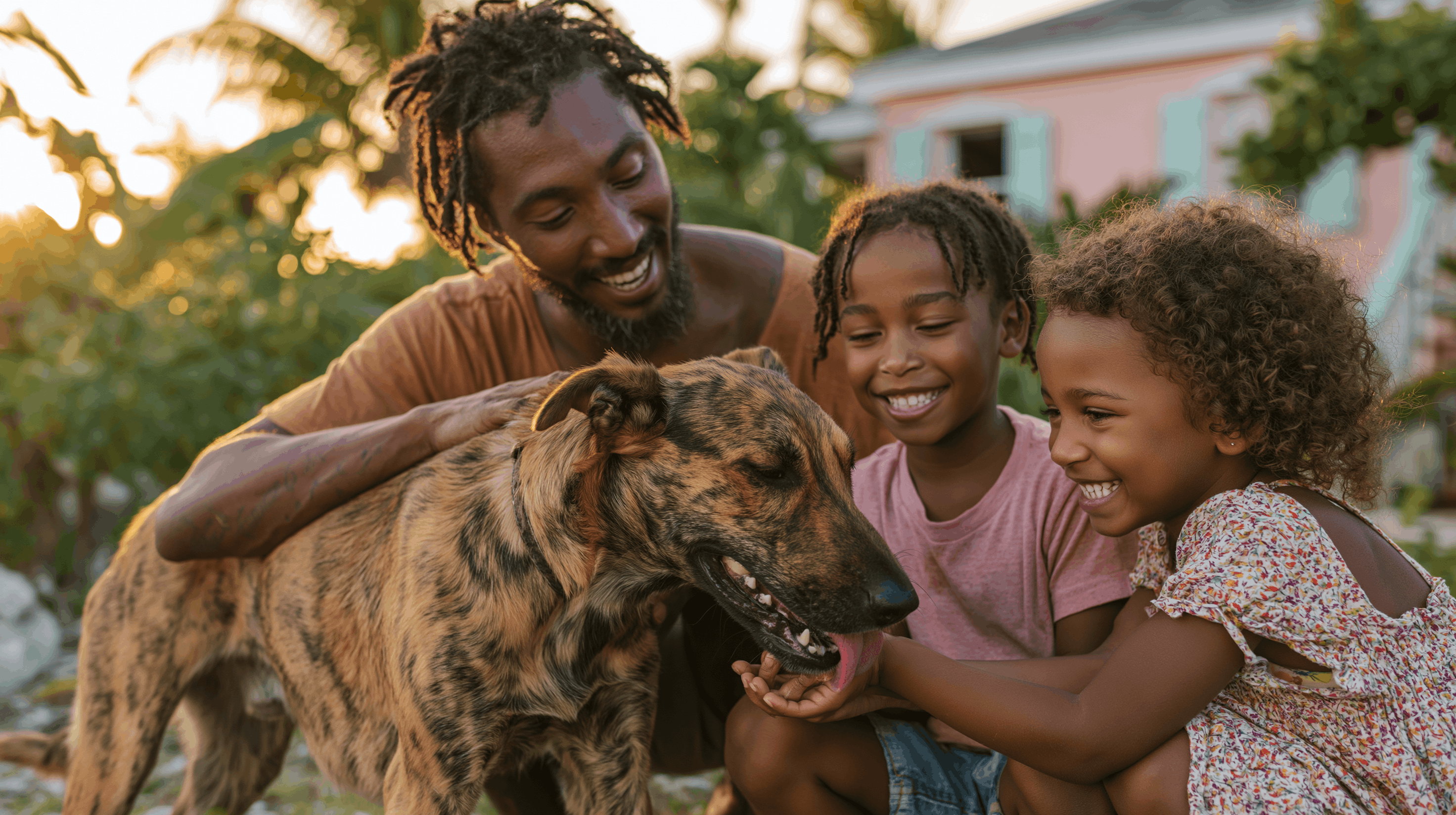A Caribbean family petting a happy rescued island dog at golden hour
